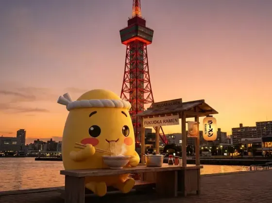Fukuoka mascot at landmark